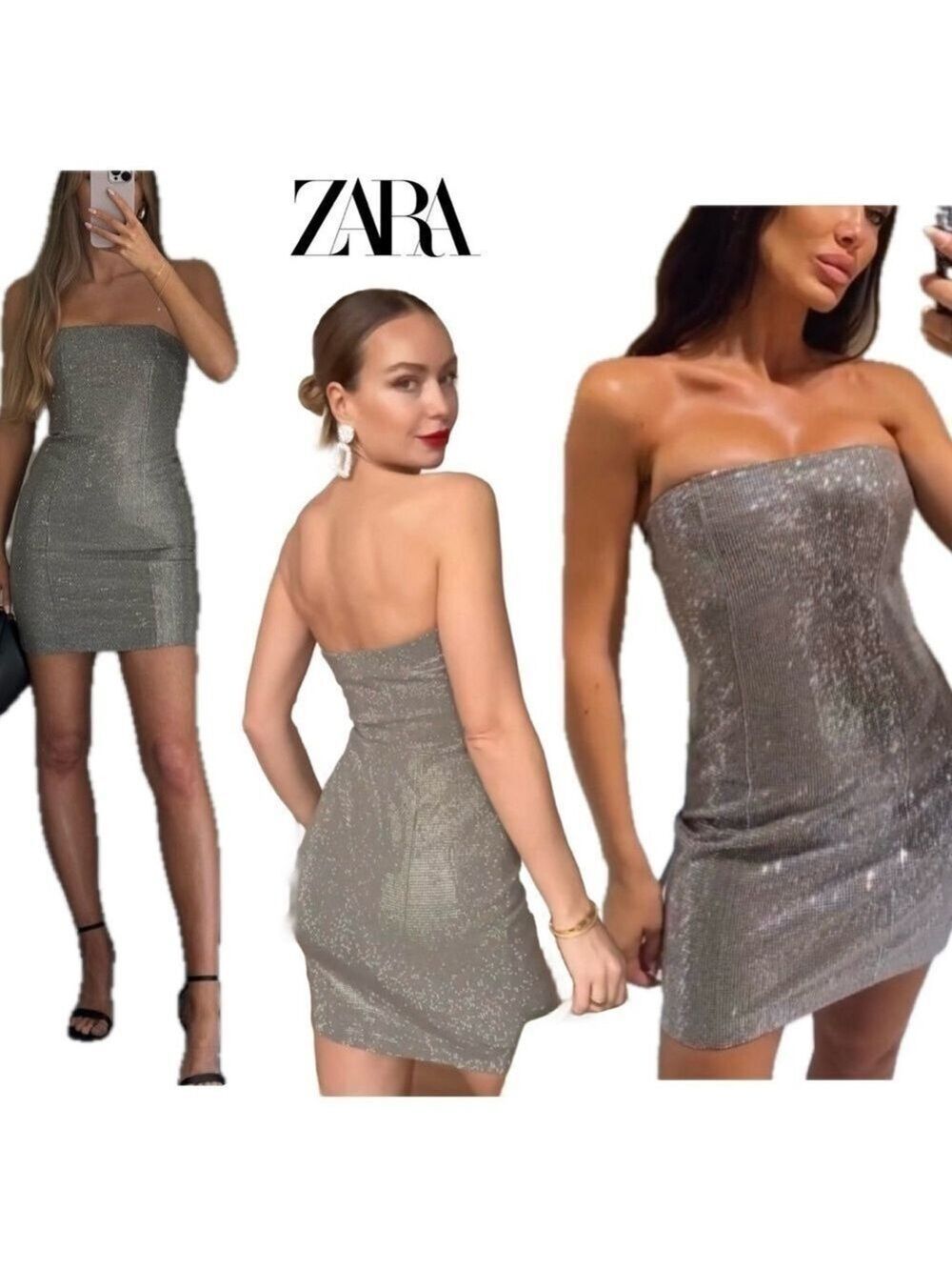 Zara taupe crystal rhinestone embellished diamanté hotfix strapless mini dress